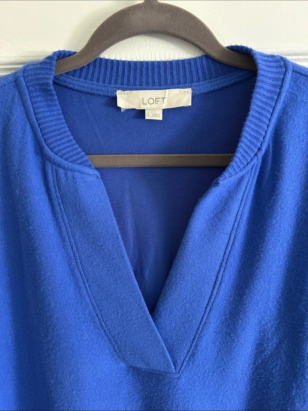 LOFT Cobalt Blue Split Neck Ribbed Cuff Knit Blouse Top Large